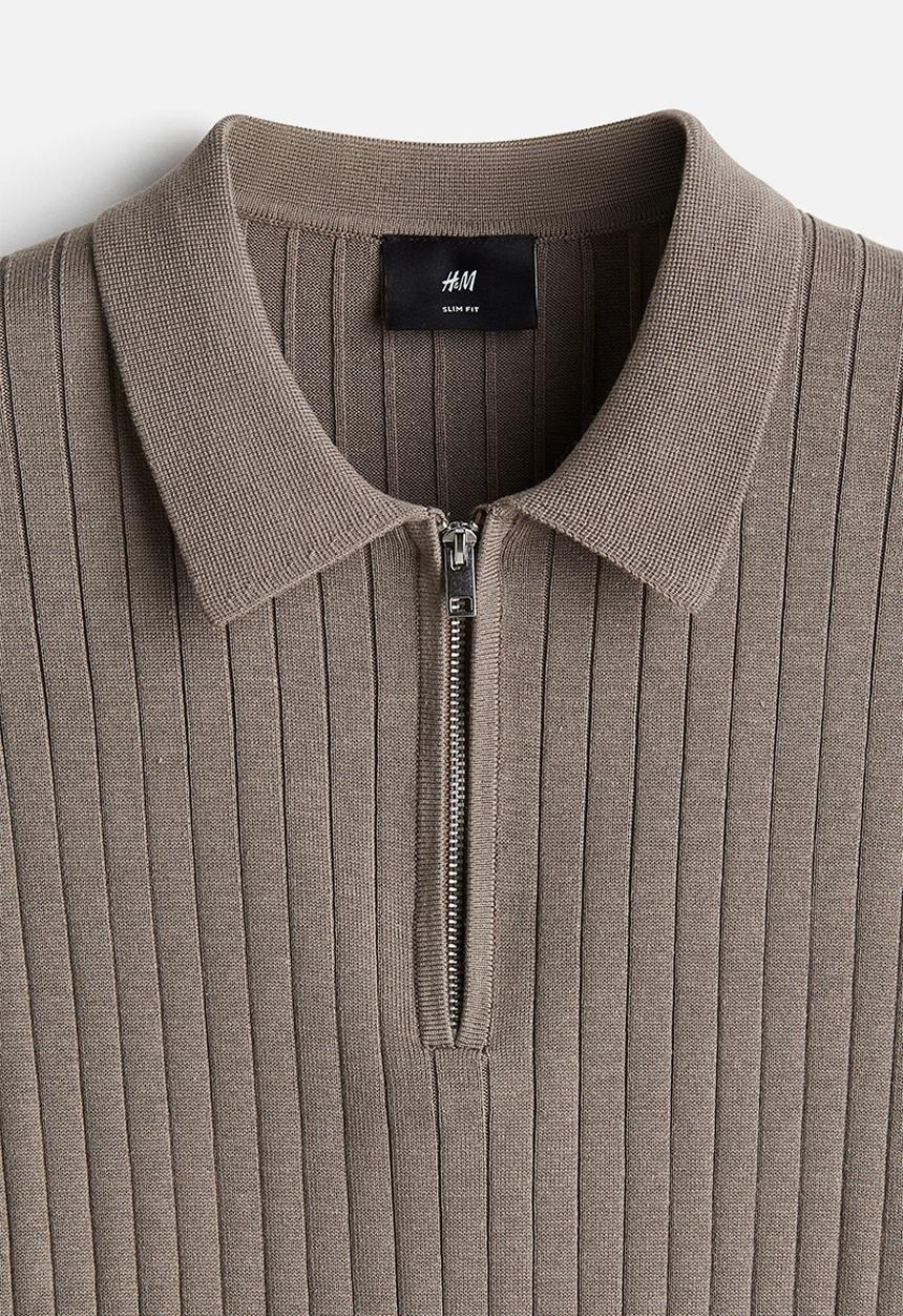 H&M - Slim fit rib-knit polo shirt - dark beige