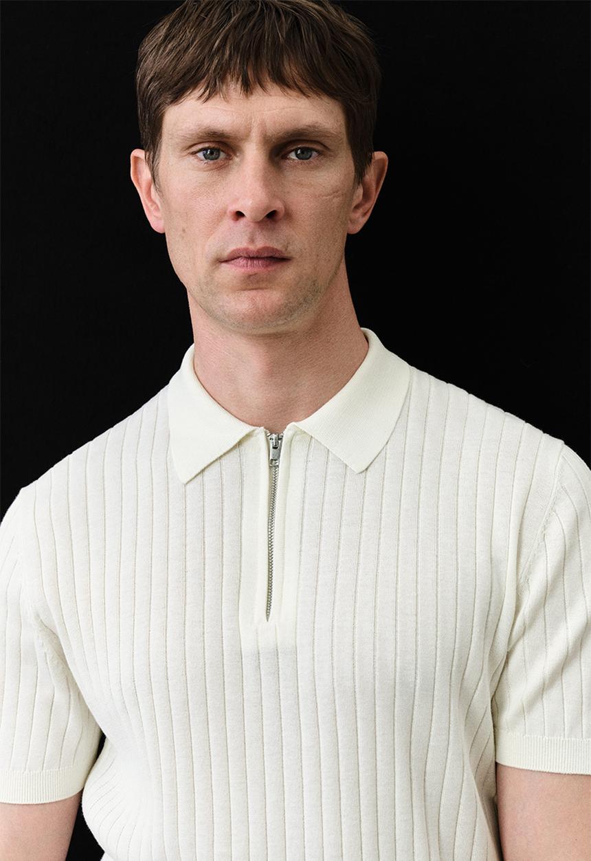H&M - Slim fit rib-knit polo shirt - cream