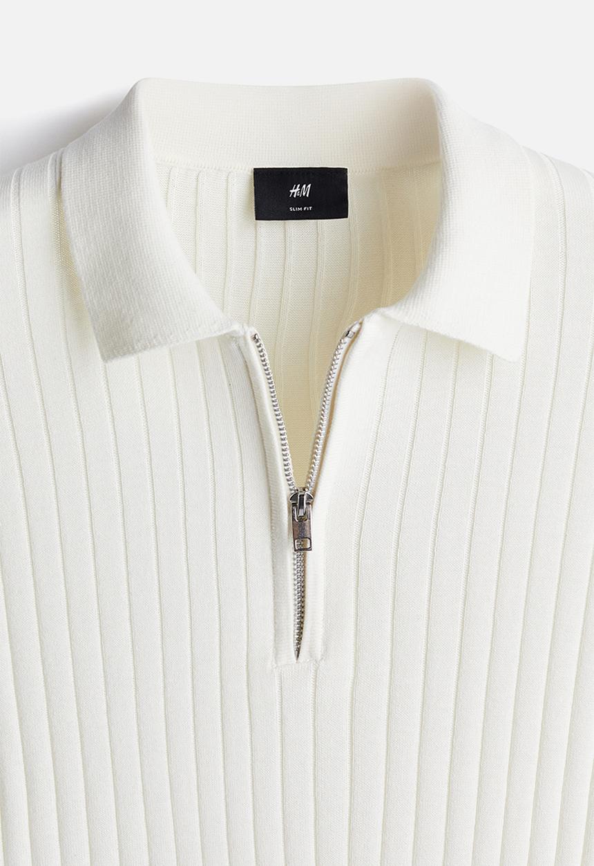 H&M - Slim fit rib-knit polo shirt - cream