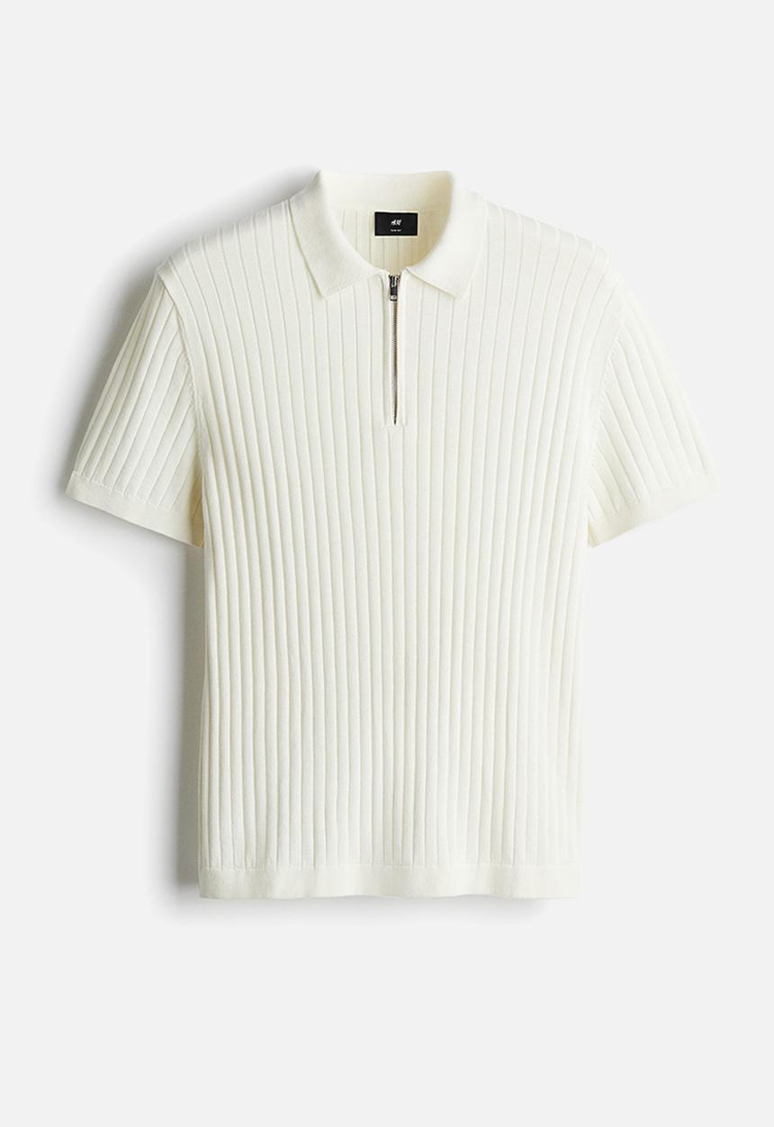 H&M - Slim fit rib-knit polo shirt - cream