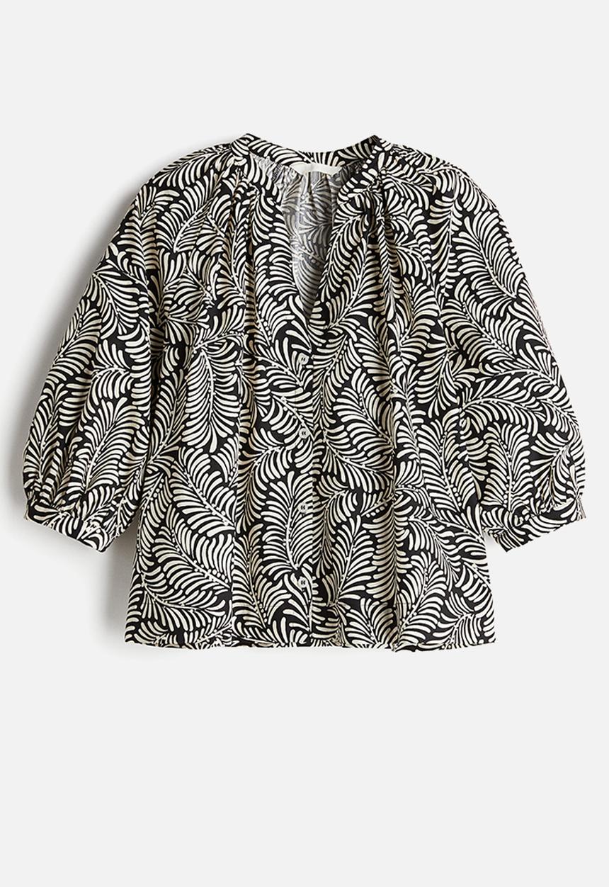 H&M - Balloon-sleeved poplin blouse - black patterned