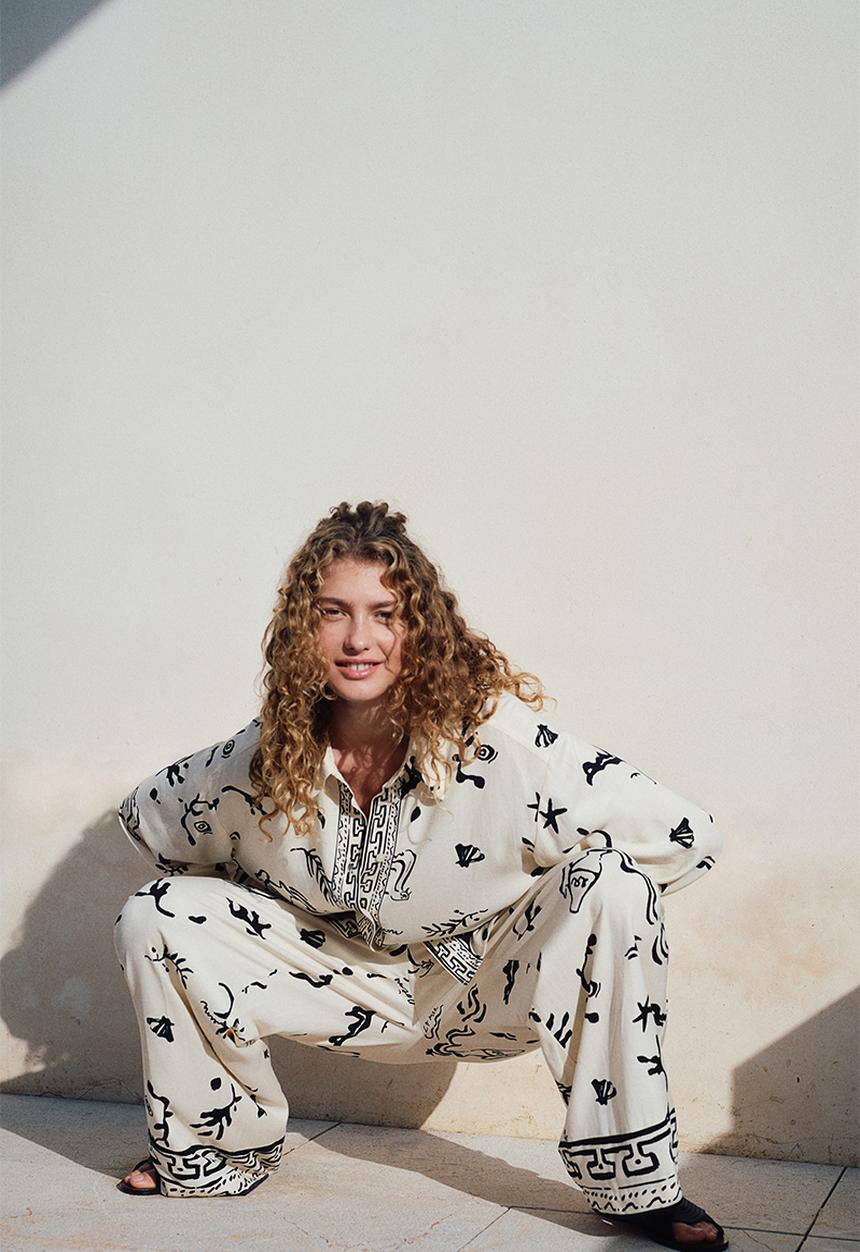 H&M - Linen-blend shirt - cream patterned