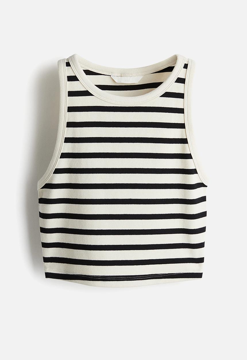 H&M - Cropped ribbed vest top - cream & black striped 