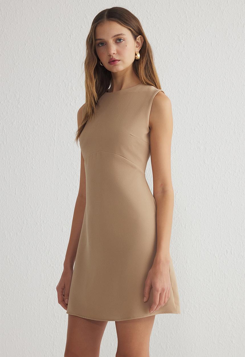 Trendyol - A-Line Mini Woven Dress - Beige