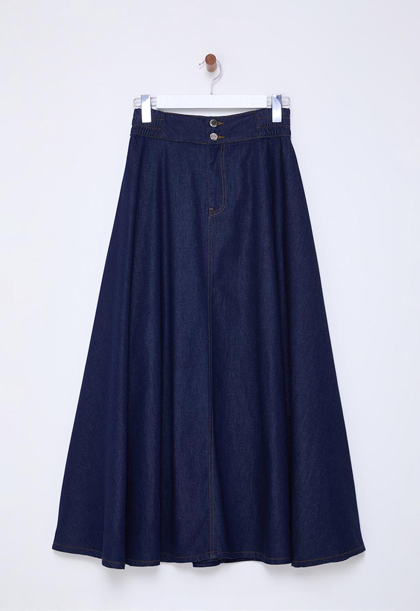 Trendyol - Blue flounce elastic waist maxi denim skirt  - dark blue