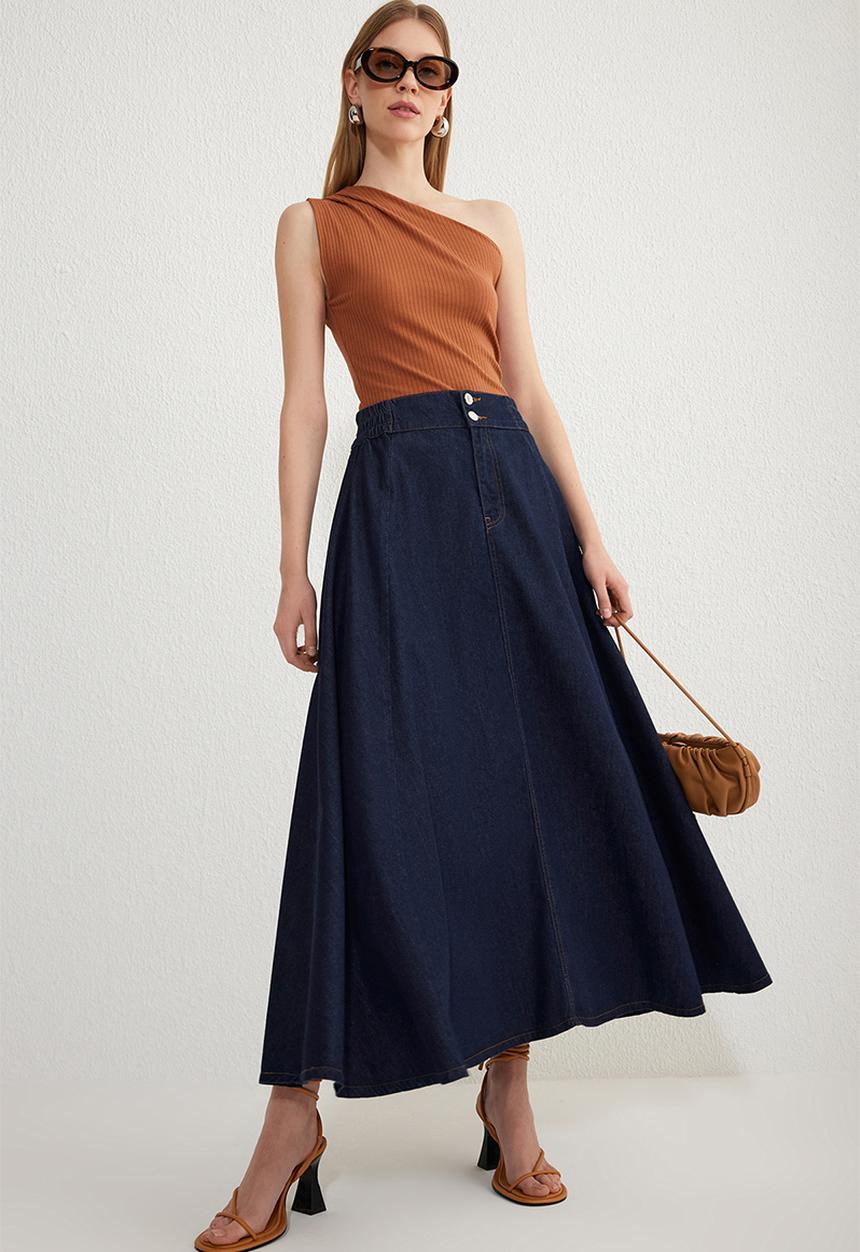 Trendyol - Blue flounce elastic waist maxi denim skirt  - dark blue