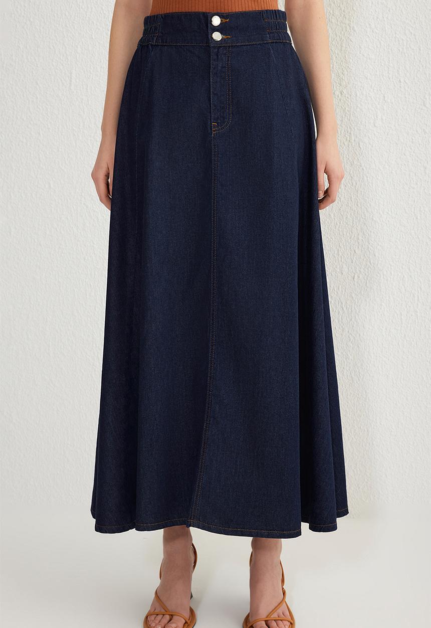 Trendyol - Blue flounce elastic waist maxi denim skirt  - dark blue
