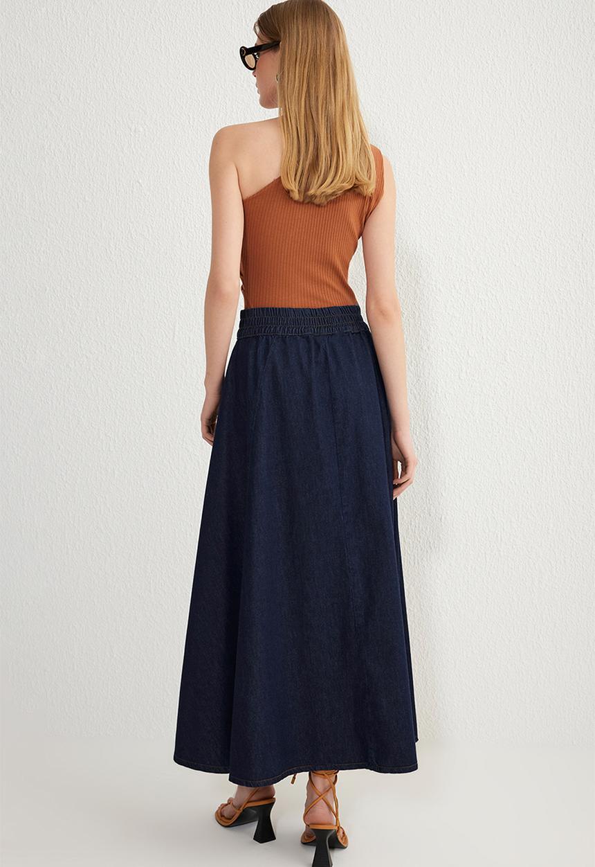 Trendyol - Blue flounce elastic waist maxi denim skirt  - dark blue