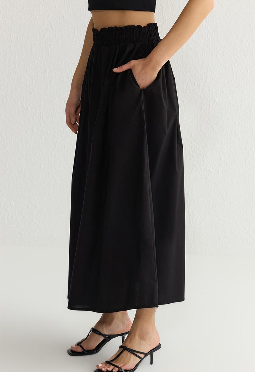 Trendyol - Flared midi elastic waist woven skirt  - black