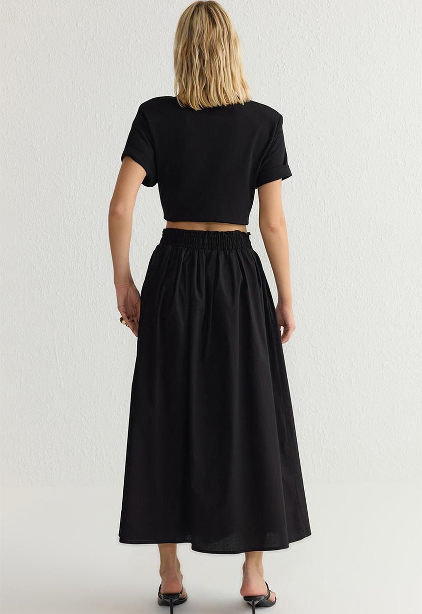 Trendyol - Flared midi elastic waist woven skirt  - black