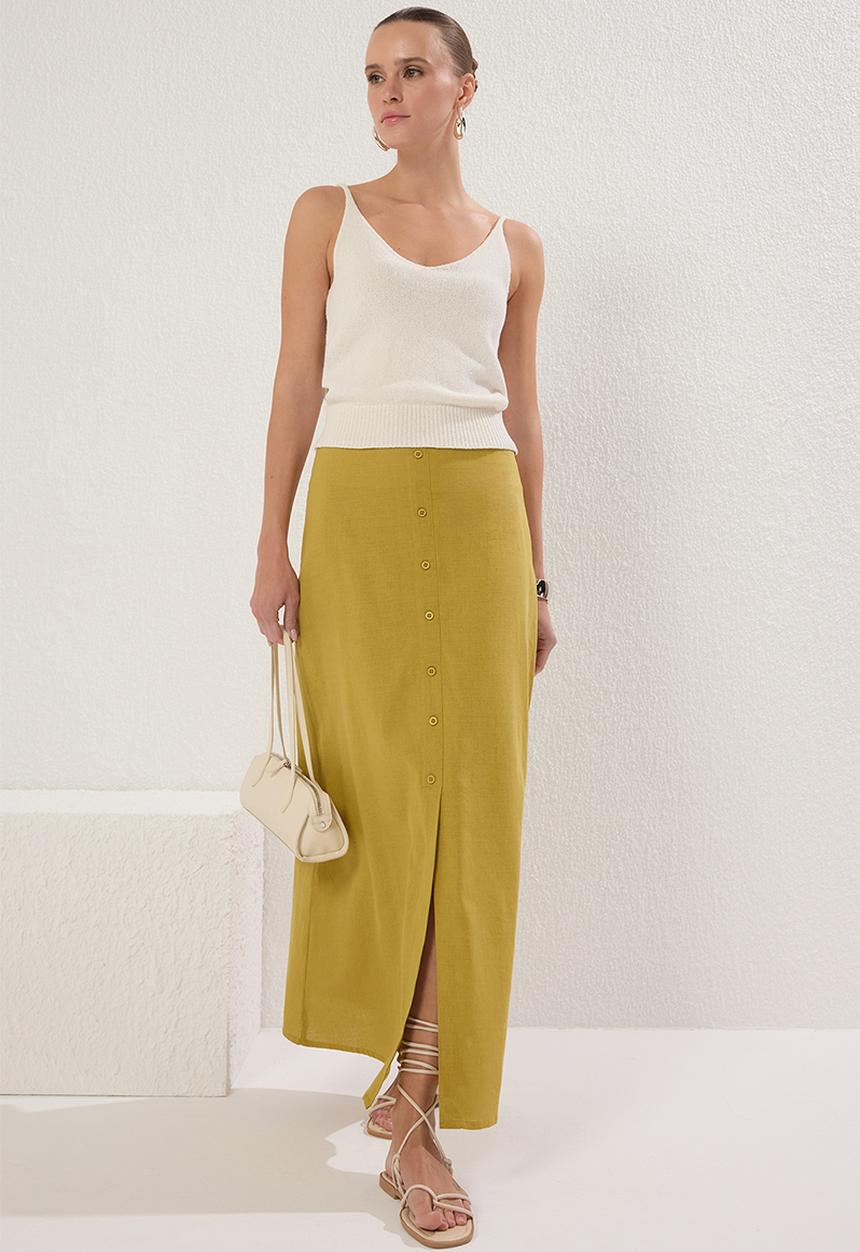 Trendyol - Green button detail linen look lined maxi woven skirt  - khaki