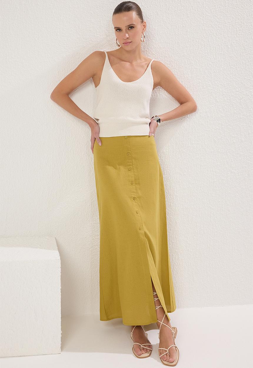 Trendyol - Green button detail linen look lined maxi woven skirt  - khaki