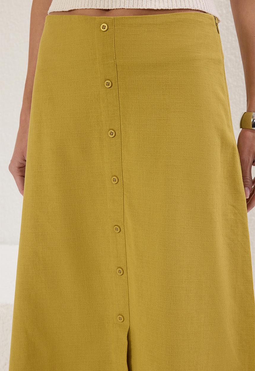 Trendyol - Green button detail linen look lined maxi woven skirt  - khaki