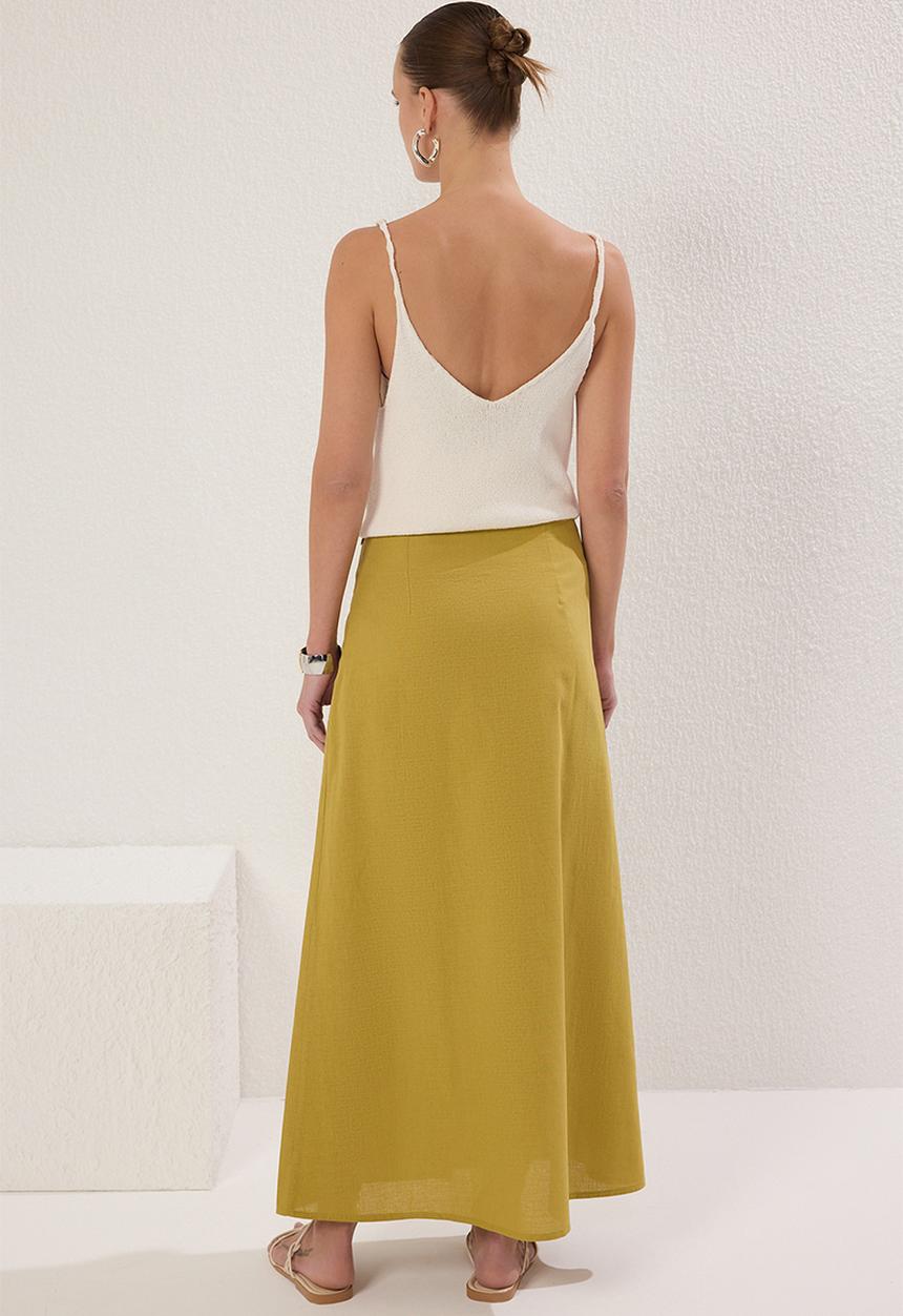 Trendyol - Green button detail linen look lined maxi woven skirt  - khaki