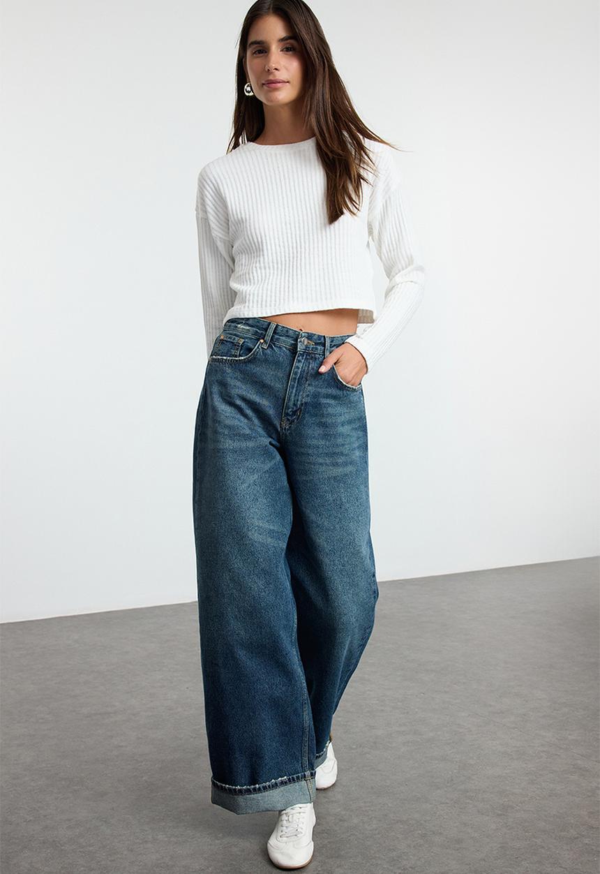 Trendyol - Blue folded leg regular waist skater baggy jeans  - dark blue