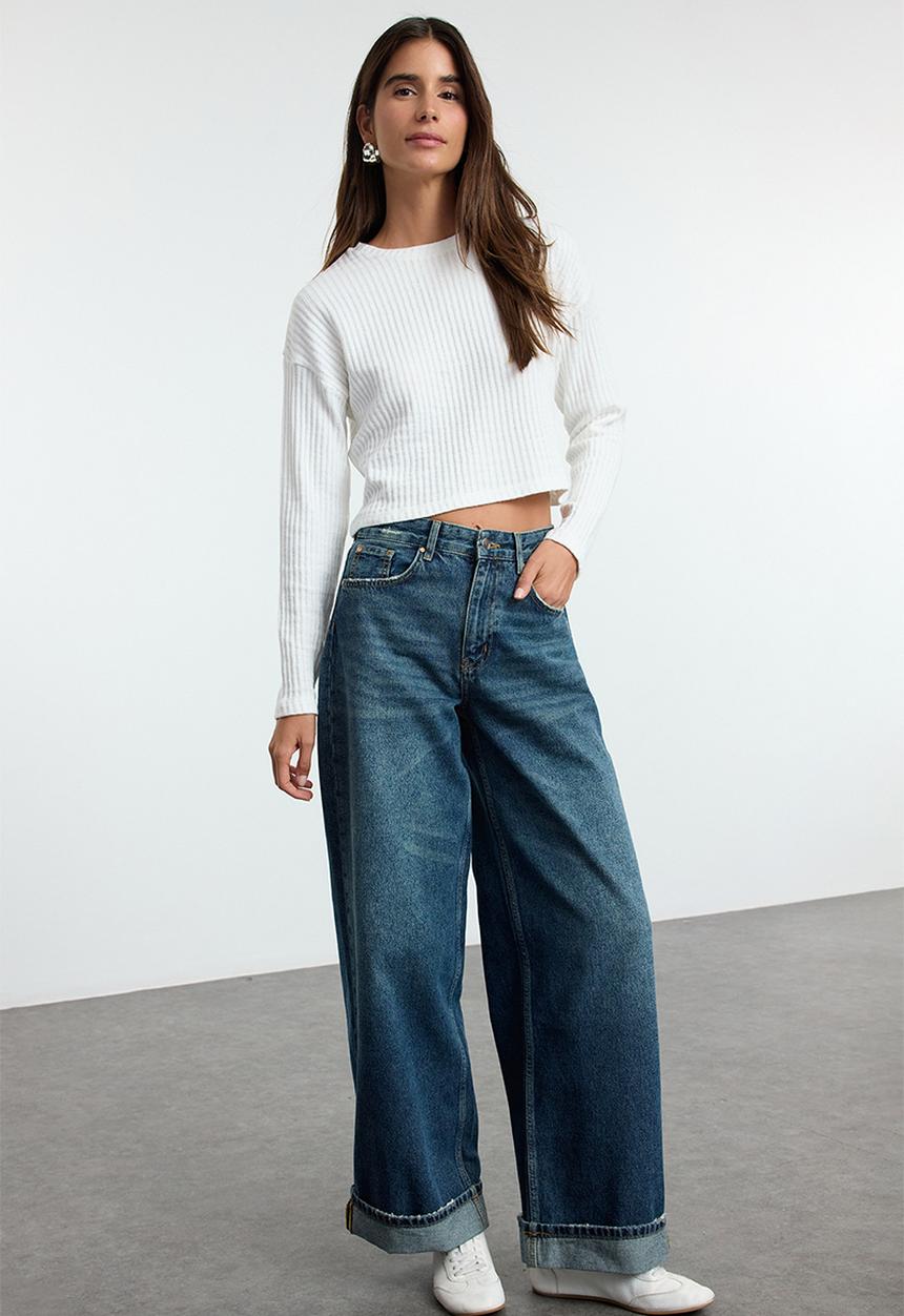 Trendyol - Blue folded leg regular waist skater baggy jeans  - dark blue