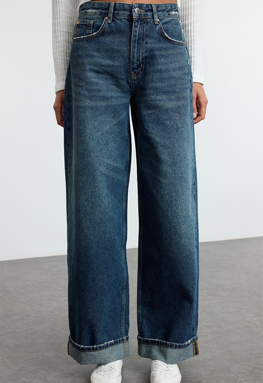 Trendyol - Blue folded leg regular waist skater baggy jeans  - dark blue
