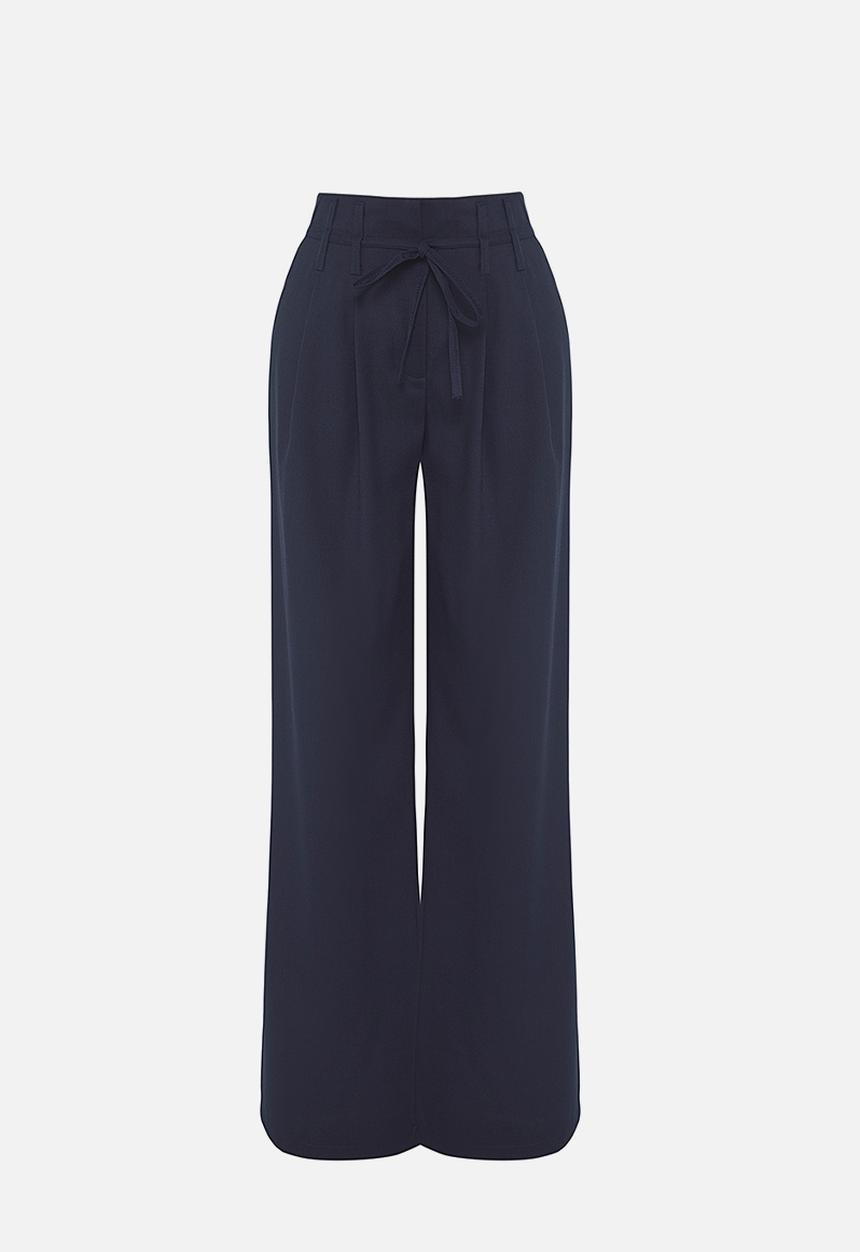Trendyol - Blue belted wide leg woven trousers  - navy blue