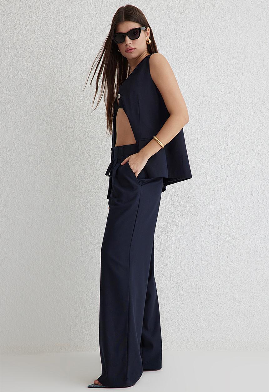 Trendyol - Blue belted wide leg woven trousers  - navy blue