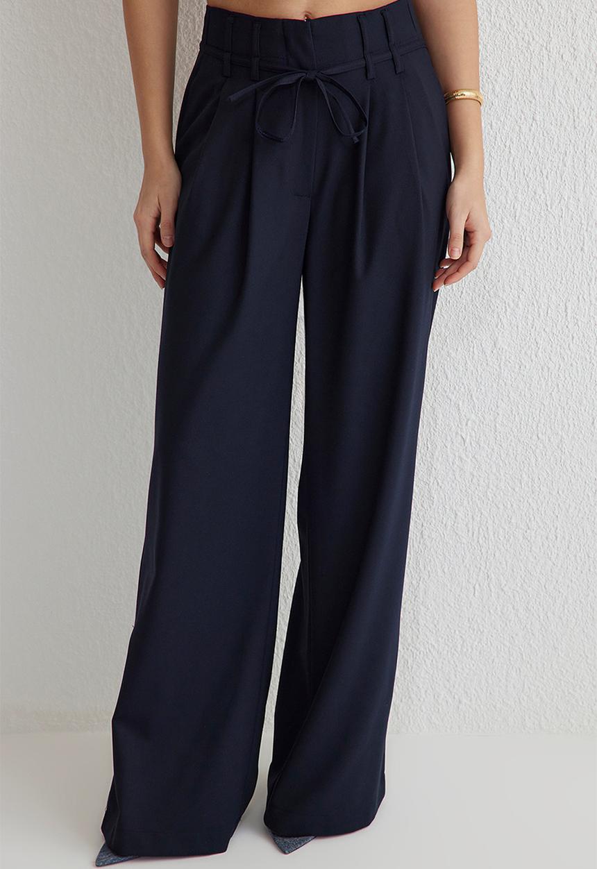 Trendyol - Blue belted wide leg woven trousers  - navy blue