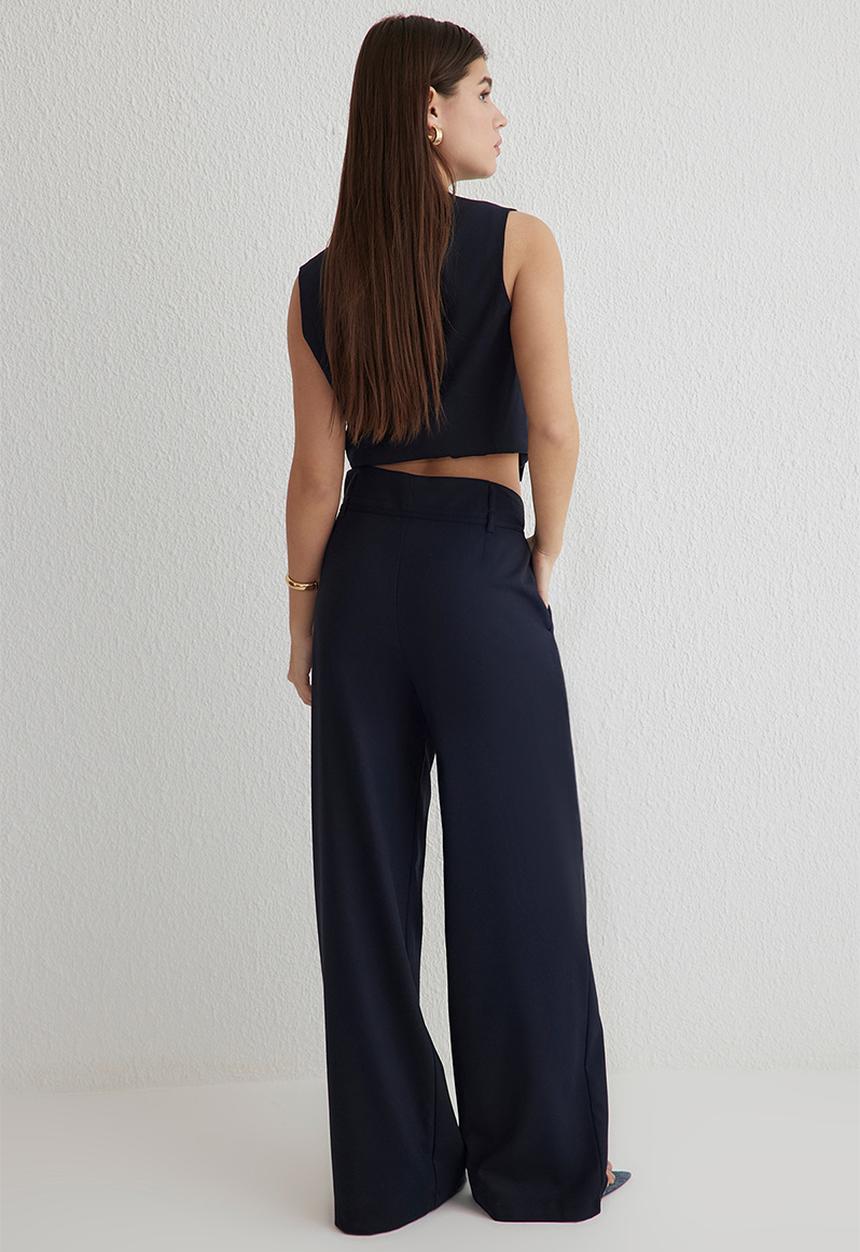 Trendyol - Blue belted wide leg woven trousers  - navy blue