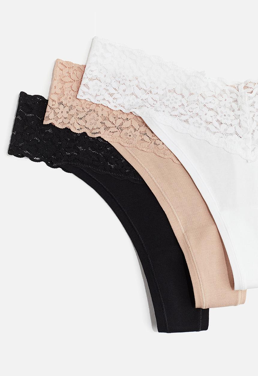 H&M - 3-pack cotton and lace thong briefs - white,beige,black
