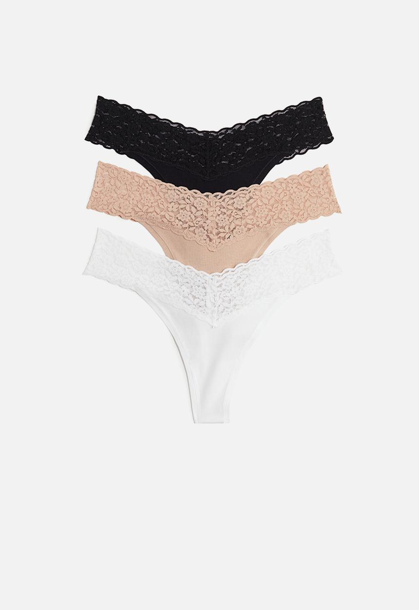 H&M - 3-pack cotton and lace thong briefs - white,beige,black