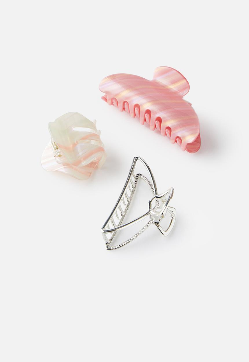 Rubi - 3pk hair claw- silver/pink marble