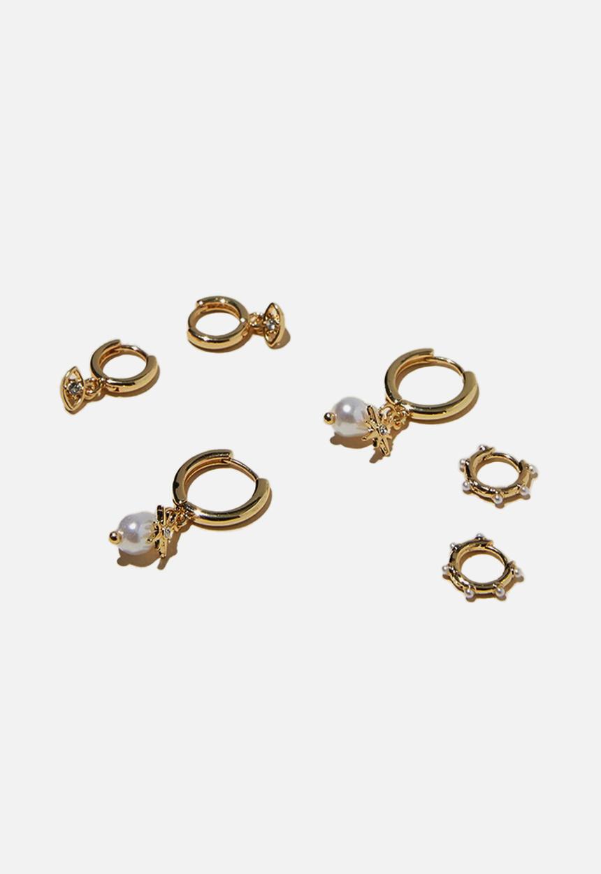Rubi - 3pk mid earring gold plated pearl eye celestial - gold