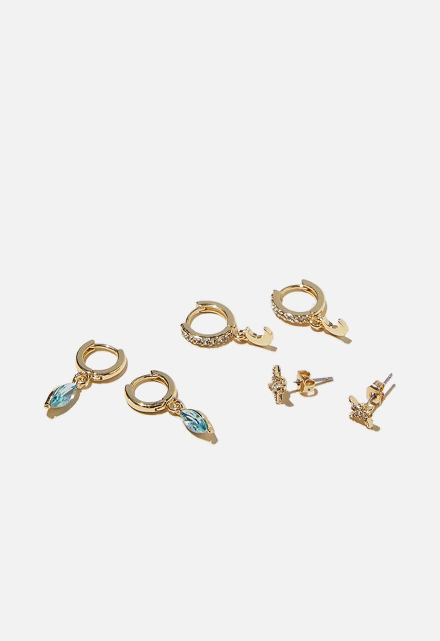 Rubi - 3pk small earring - gold plated dia light blue moon