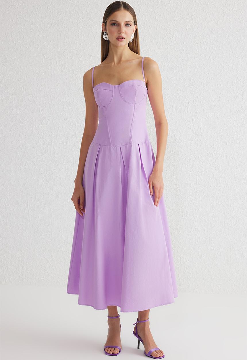 Trendyol - A-Line Corset-Look Midi Chic Evening Dress  - lilac