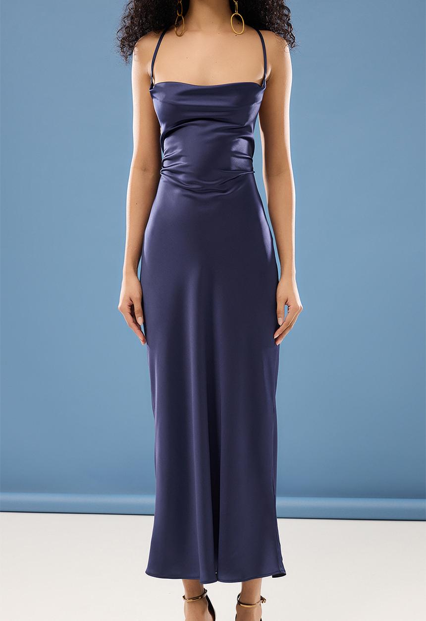 Trendyol - Navy Blue Detailed Cowl Neck Satin Woven Elegant  Dress