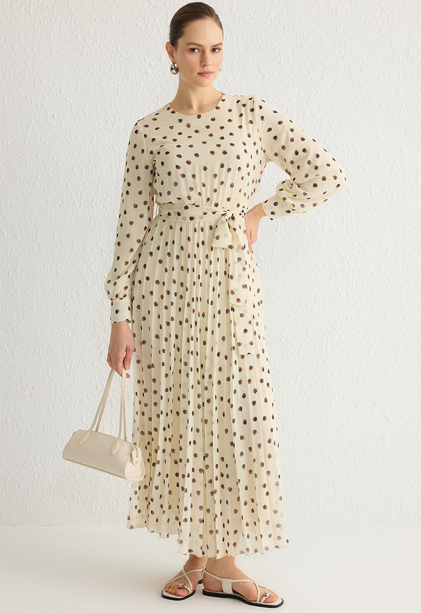 Trendyol - Ecru Polka Dot Belt Detailed Lined Pleated Chiffon Woven Dress