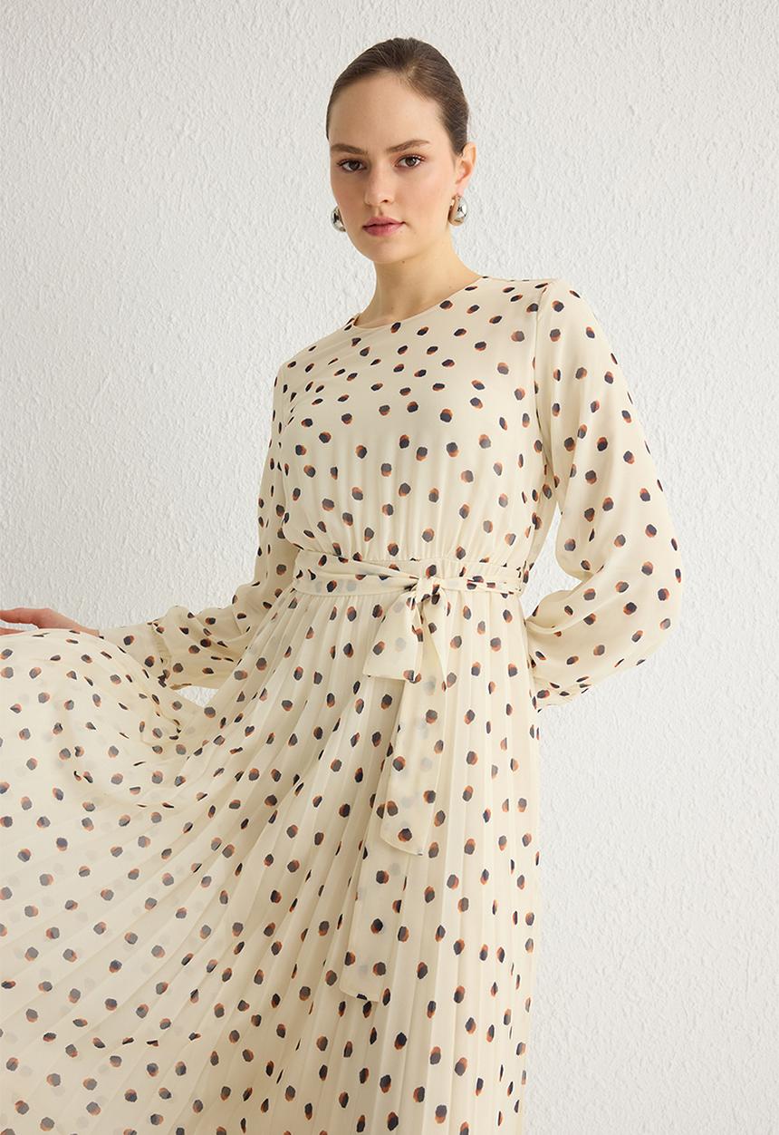 Trendyol - Ecru Polka Dot Belt Detailed Lined Pleated Chiffon Woven Dress