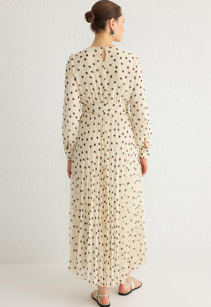 Trendyol - Ecru Polka Dot Belt Detailed Lined Pleated Chiffon Woven Dress