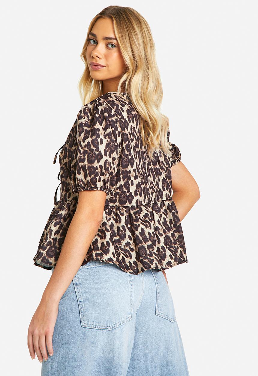 boohoo - Leopard puff sleeve bow tie blouse - brown