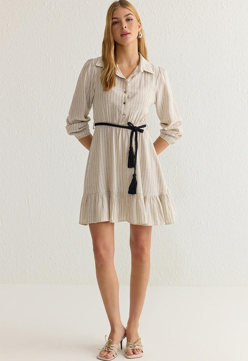 Trendyol - Stone Belted Striped Mini Woven Shirt Dress