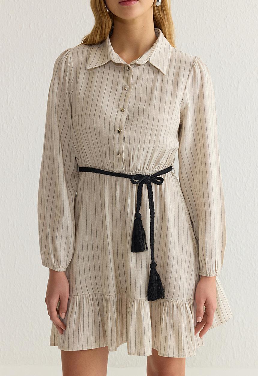 Trendyol - Stone Belted Striped Mini Woven Shirt Dress