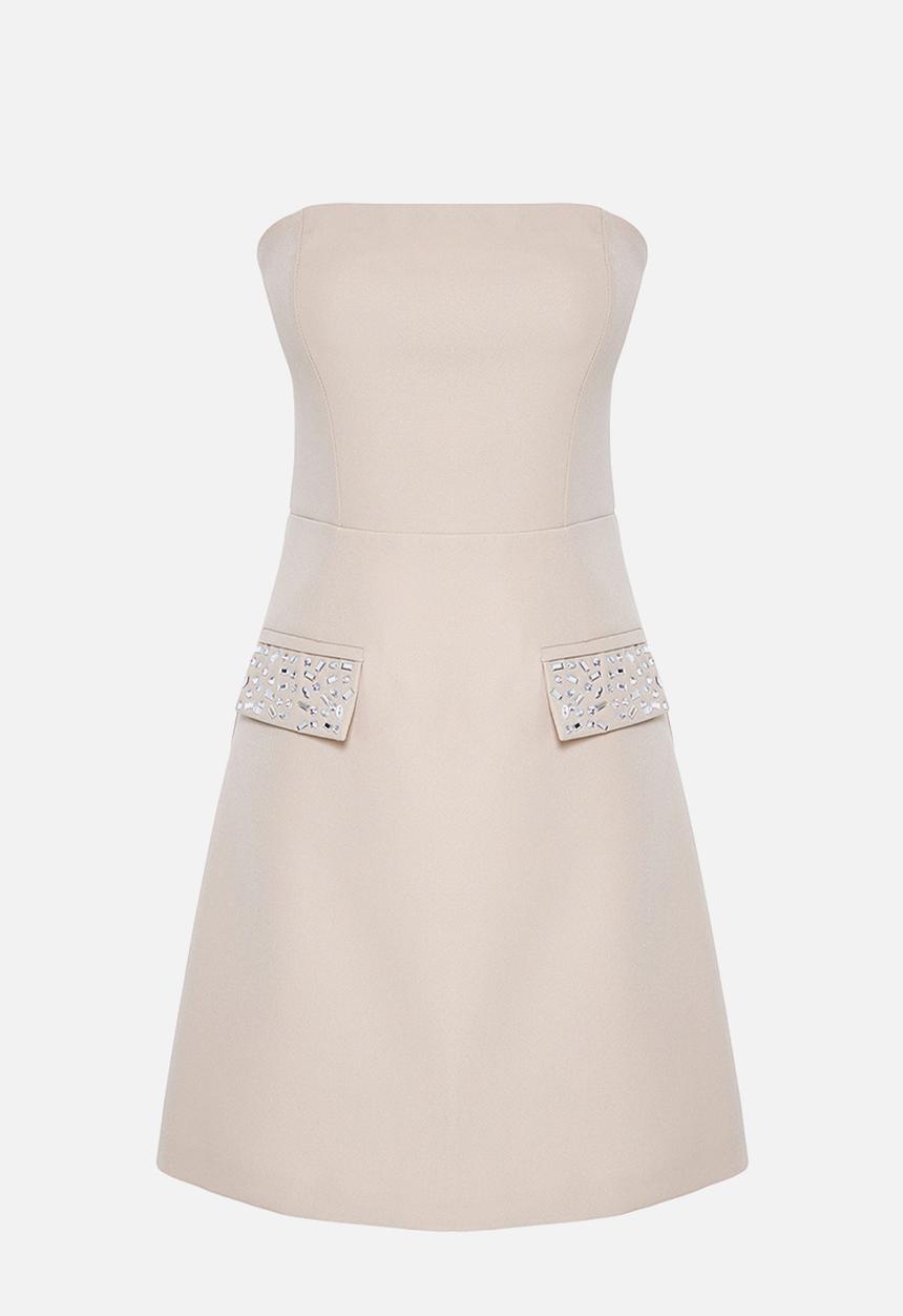 Trendyol - Shiny Stone Strapless Woven Evening Dress Graduation Dress - beige
