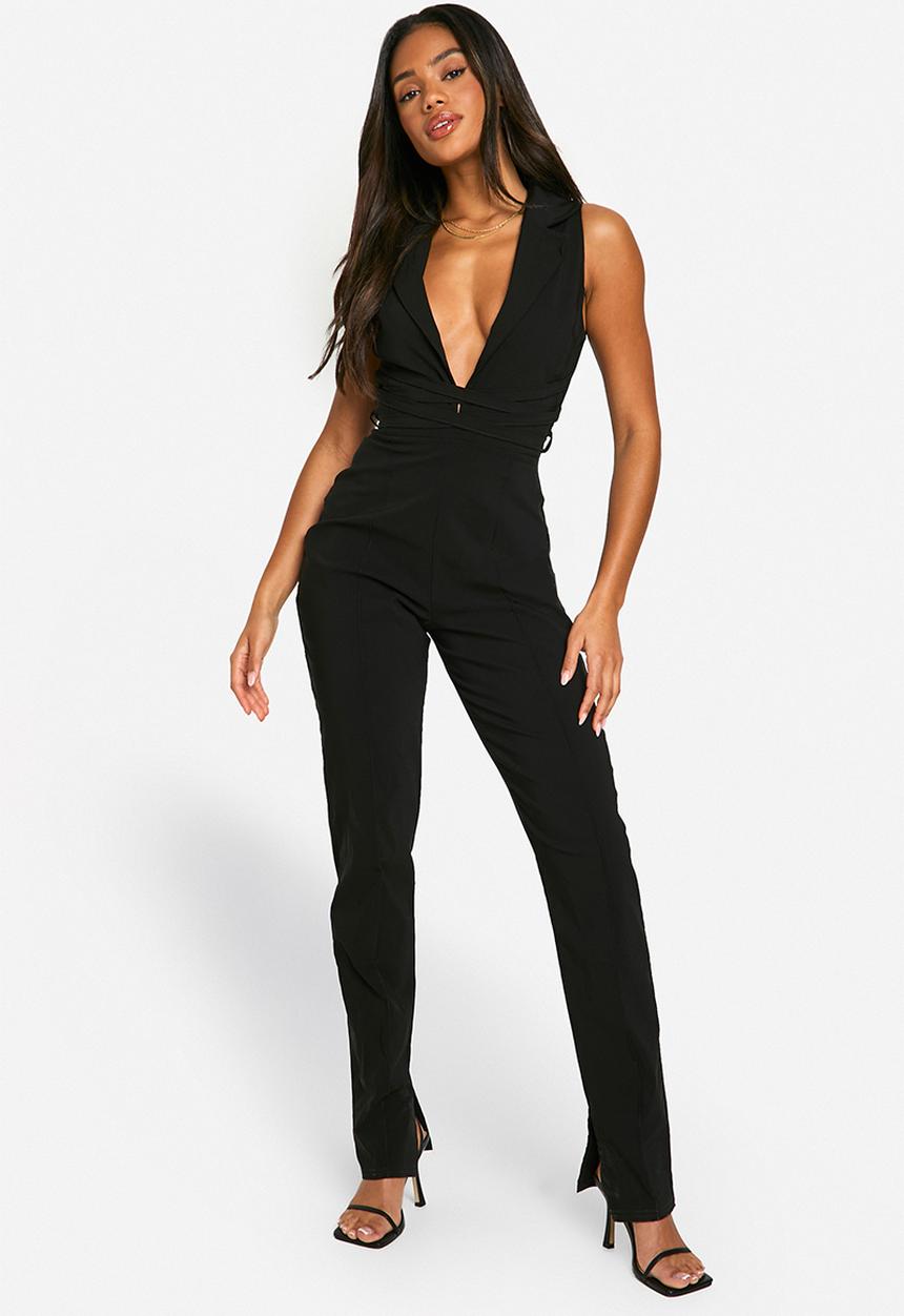 boohoo - Plunge wrap waist jumpsuit - black