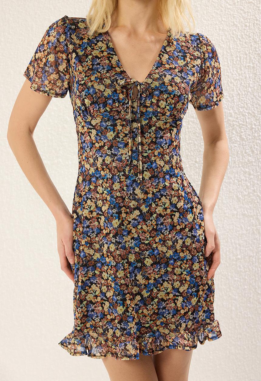 Trendyol - Multicolored Floral Mini Tulle Fitted Knit Dress with Tie Detail