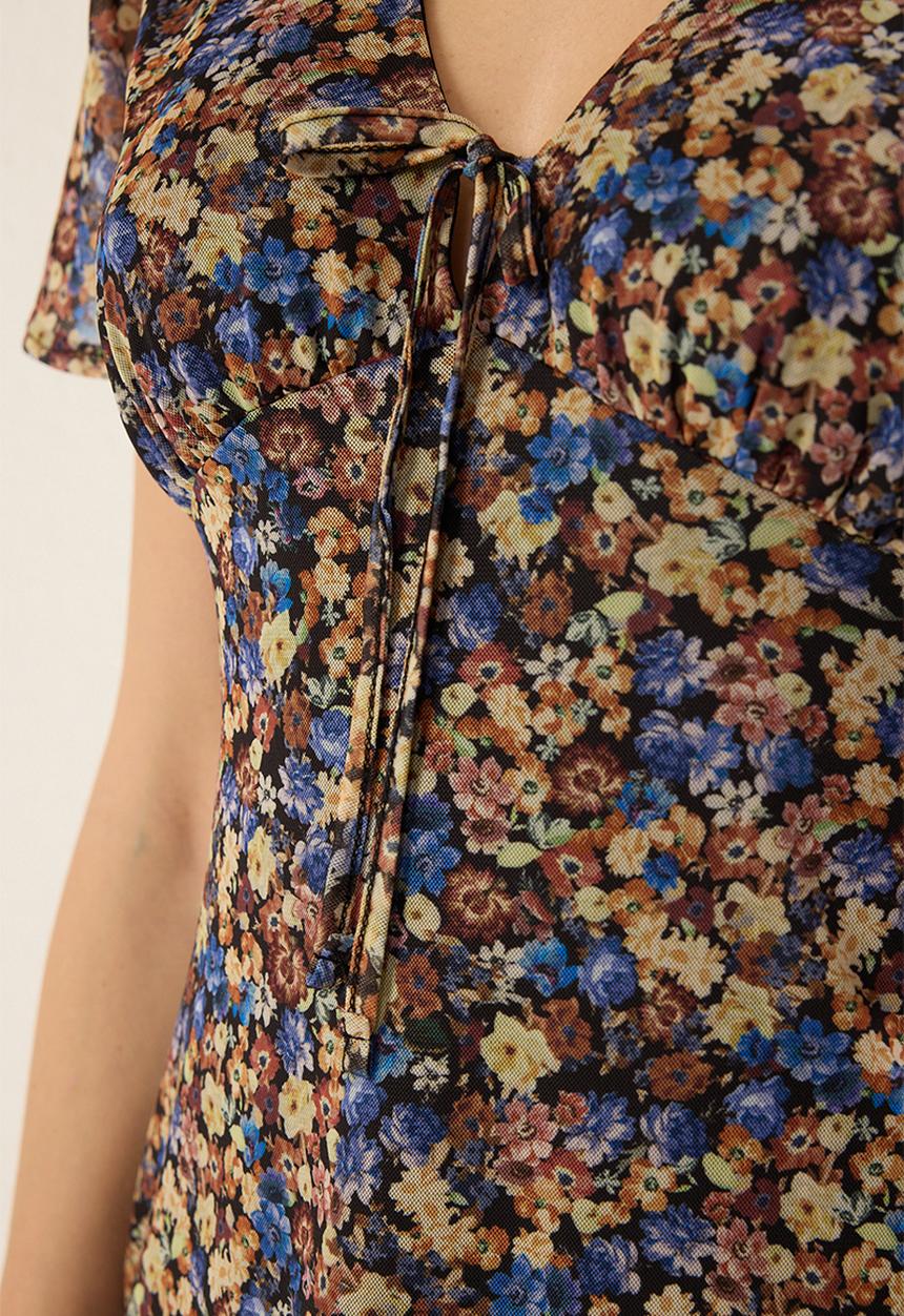 Trendyol - Multicolored Floral Mini Tulle Fitted Knit Dress with Tie Detail