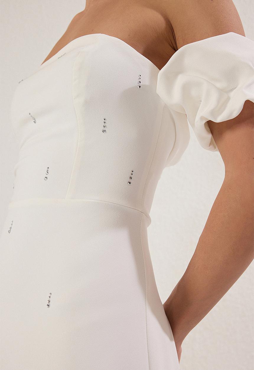 Trendyol - White Fitted Stone Print Detailed Woven Midi Chic Evening Dress