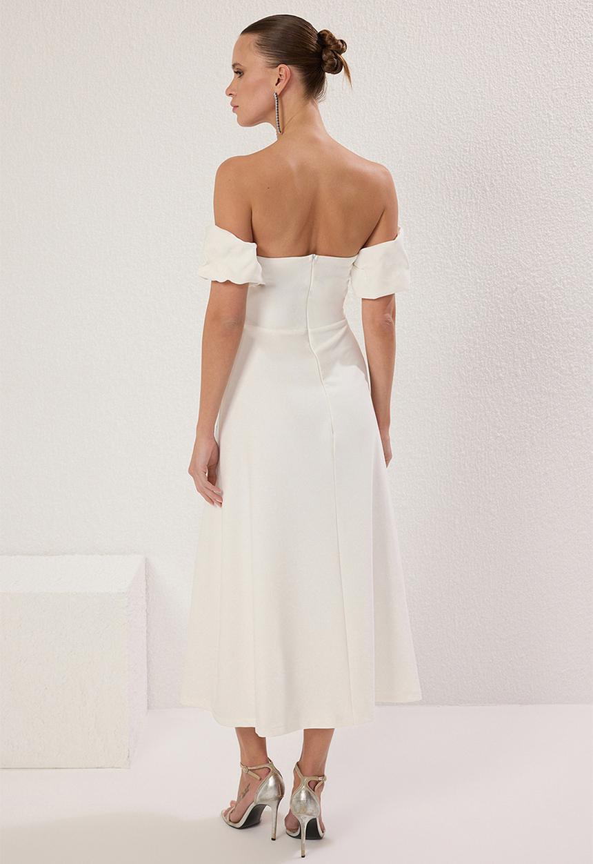 Trendyol - White Fitted Stone Print Detailed Woven Midi Chic Evening Dress