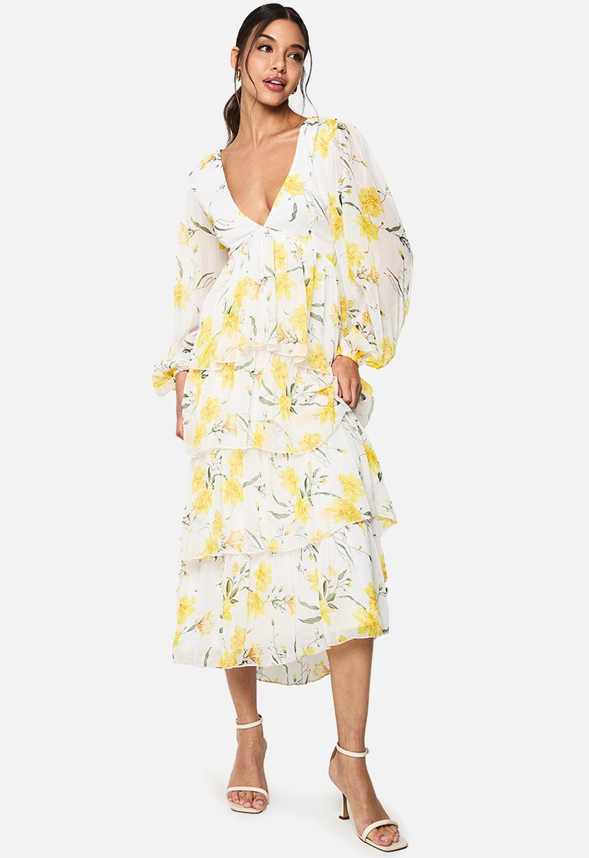 boohoo - Floral chiffon plunge ruffle midi dress - white