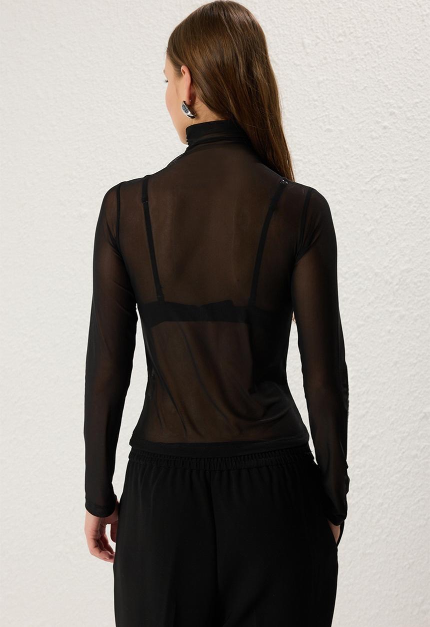 Trendyol - Black Floral Accessory Detailed Tulle Fitted Knitted Top
