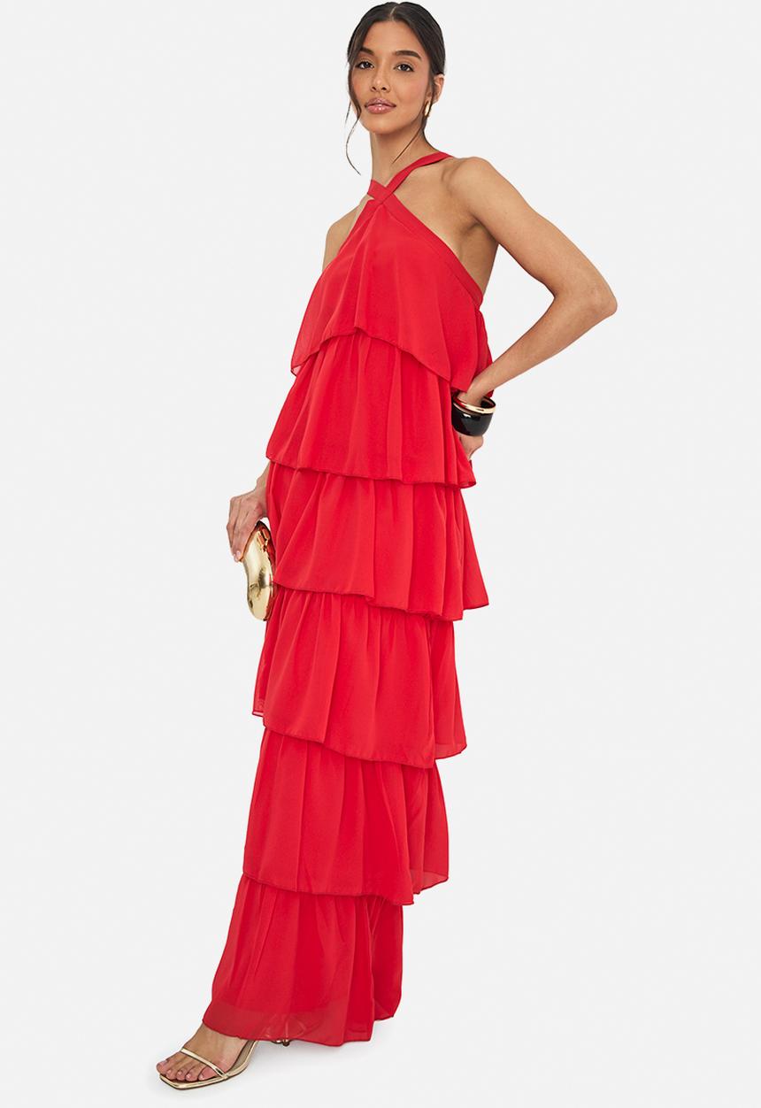 boohoo - Chiffon tiered halterneck maxi dress - red