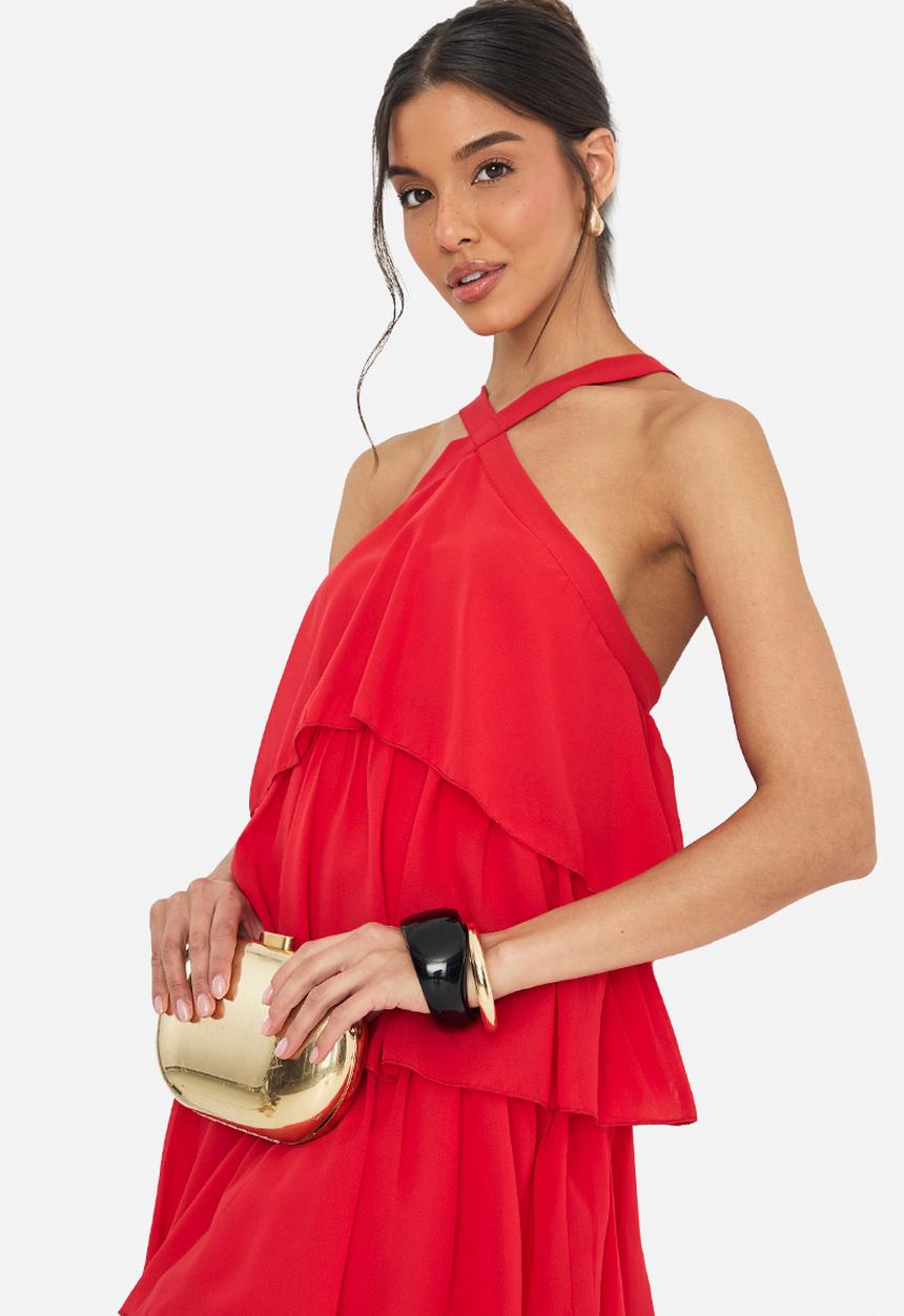 boohoo - Chiffon tiered halterneck maxi dress - red
