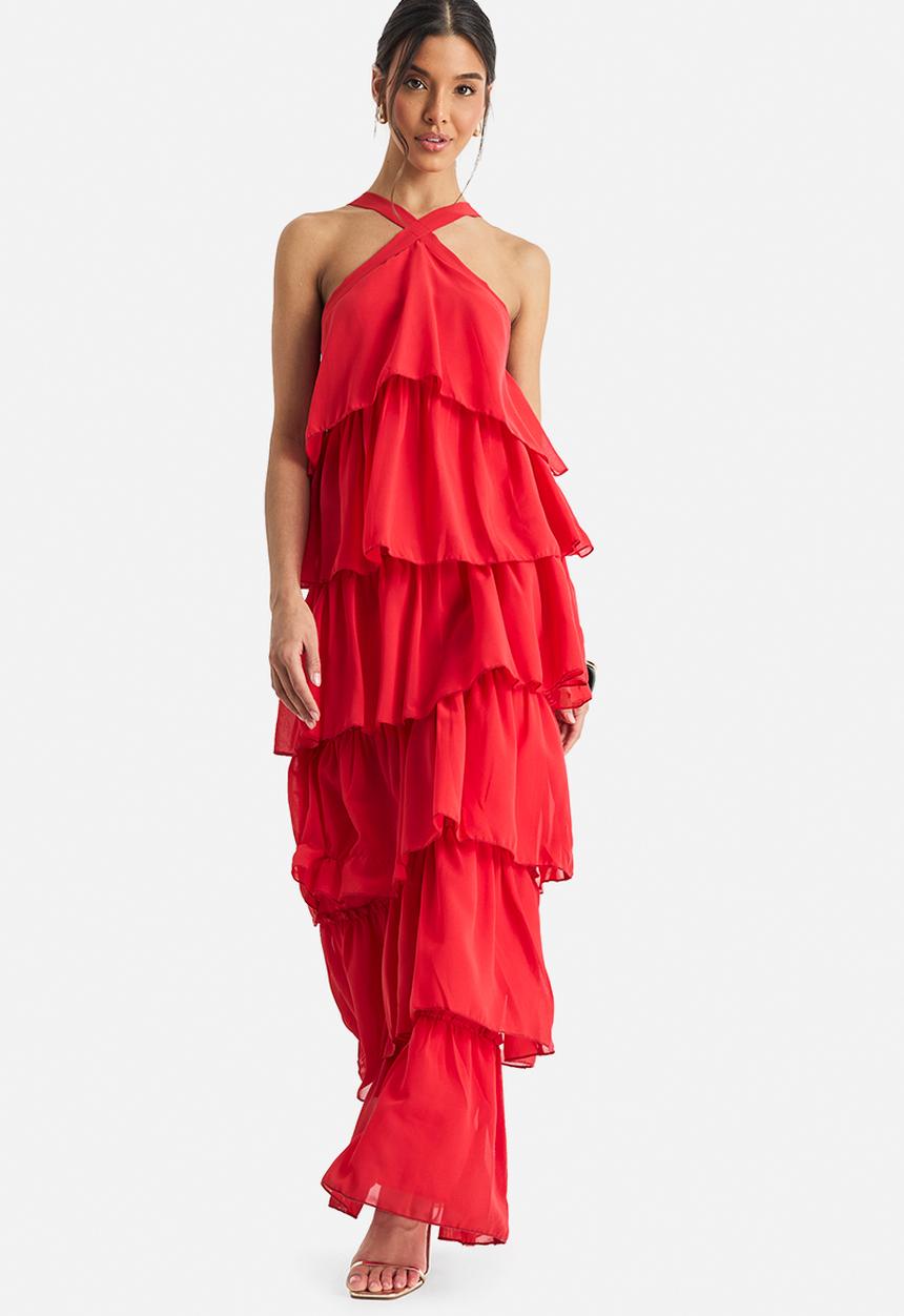 boohoo - Chiffon tiered halterneck maxi dress - red