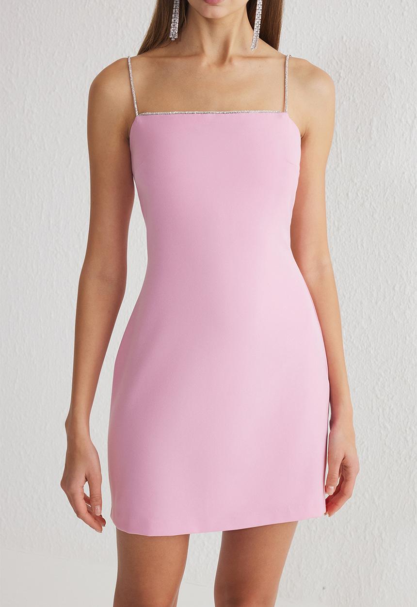 Trendyol - Accessory Detailed Strapless Woven Short Elegant - Pink Stone